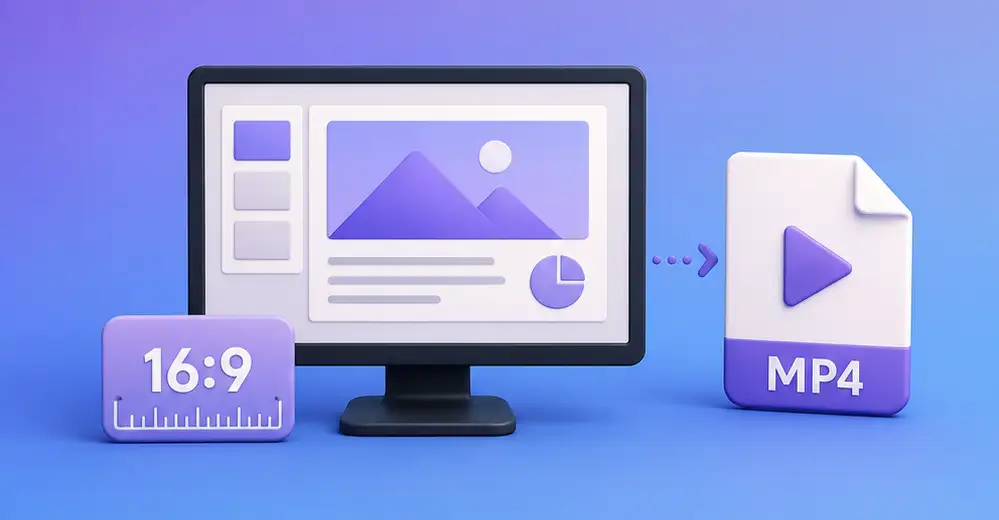 A slide on a monitor becoming an MP4 file, beside a ruler marked 16:9.