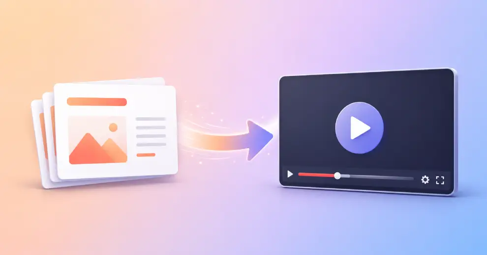 A stack of slides on the left, an arrow sweeping to the right, and a video player mid-playback on the right.