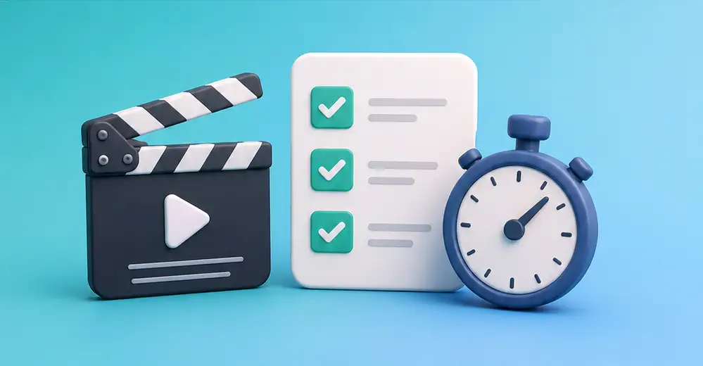 A clapperboard, a scored checklist and a stopwatch, side by side.